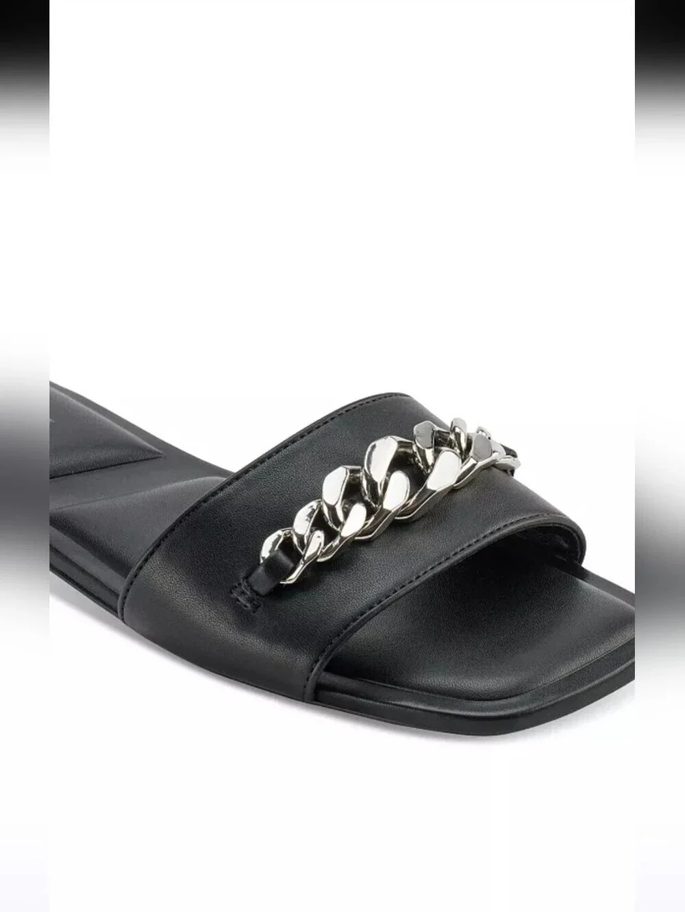DKNY NEW IN BOX BLACK FLAT SLIDE SUMMER SANDALS W/SILVER CHAIN